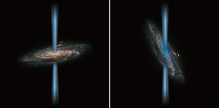 Künstlerische Darstellung von dem Jet eines „normalen“ aktiven Schwarzen Lochs, der senkrecht zur Galaxie (links) steht, im Vergleich zu einem Jet, der direkt in die Galaxie (rechts) ausströmt – dargestellt in einem Bild einer Spiralgalaxie, aufgenommen vom Hubble-Weltraumteleskop. 