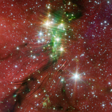 Magnetfeldlinien, die von SOFIA Beobachtungen abgeleitet wurden, sind als Stromlinien einem Infrarotbild der Region mit dem Weltraumteleskop „Spitzer“ überlagert.