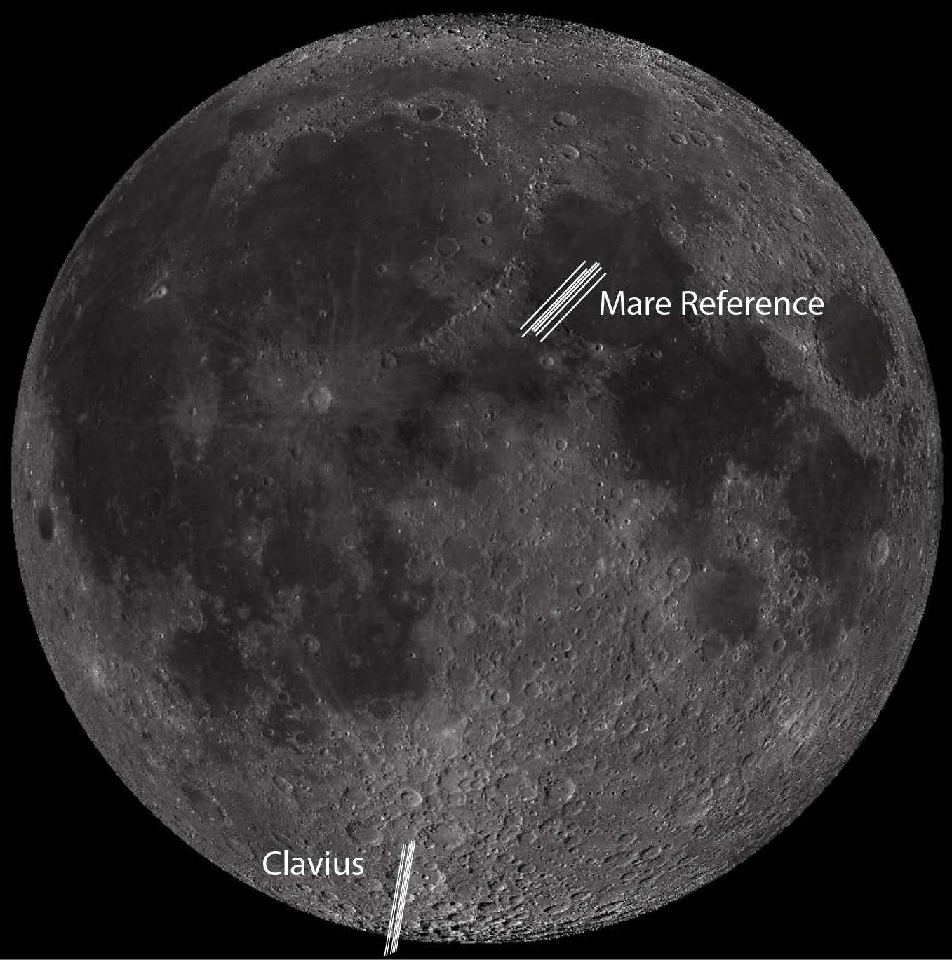 Bild des Mondes mit der Spaltlage über dem Clavius Krater und der Mare-Referenz. 
	
