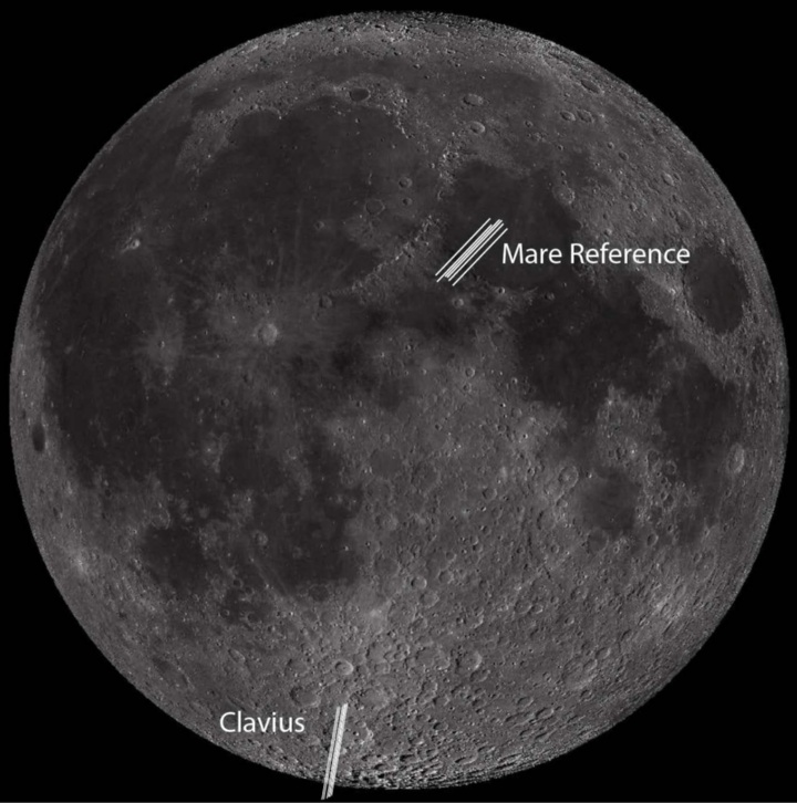 Image of the Moon with the fissure above the Clavius crater and the Mare reference. 