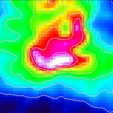 SOFIA Karte von der Sternentstehungsregion RCW36 im Sternbild Vela in der Spektrallinie von ionisiertem Kohlenstoff (CII) bei 158 µm Wellenlänge.