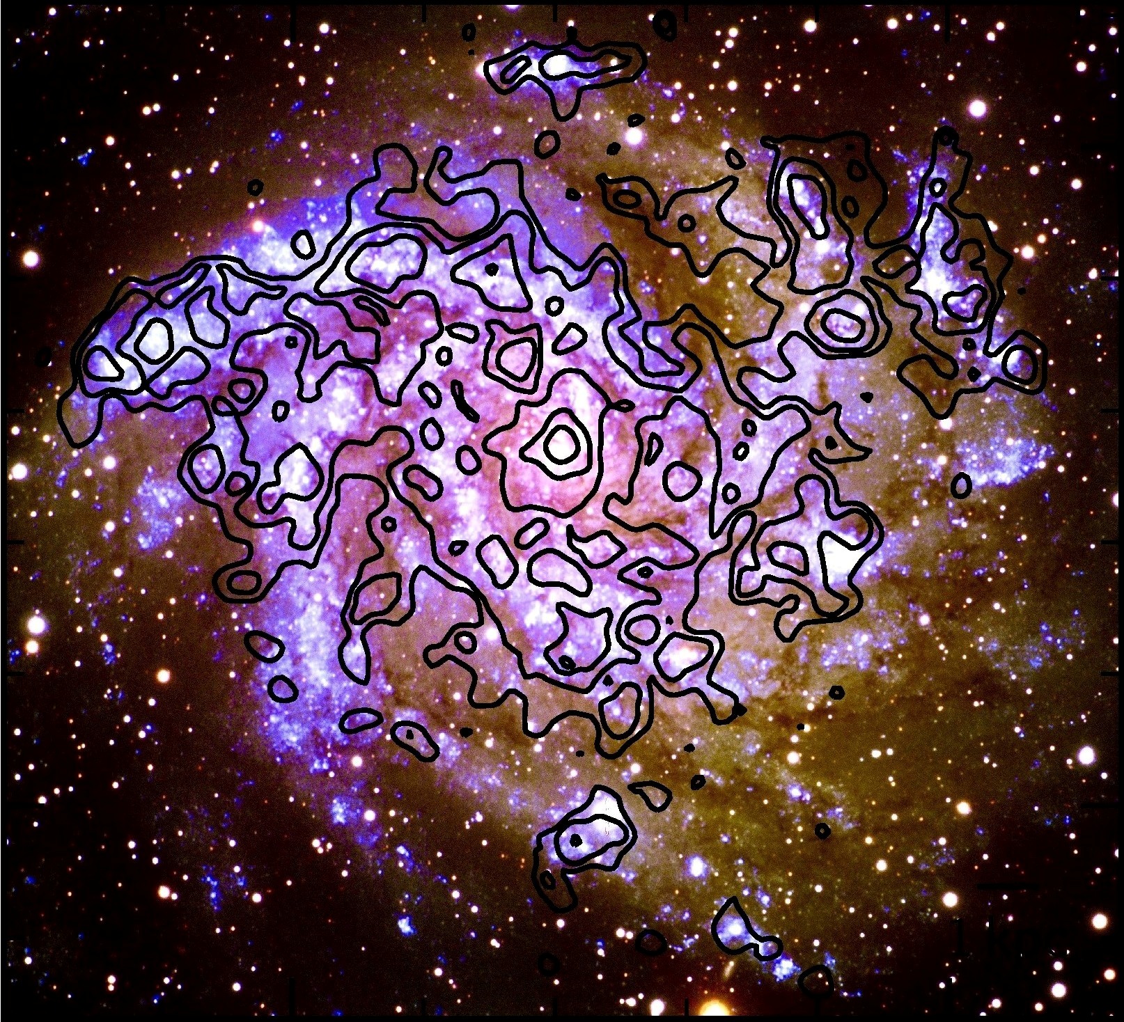 [CII] 158 µm – Karte von NGC6046 über einem LBT optischen Mehrfarbenbild