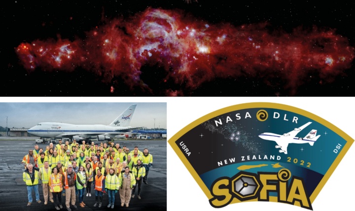 Oben: Während seines Aufenthalts in Neuseeland wird SOFIA Magnetfelder in unserer Galaxie, der Milchstraße, beobachten, wie hier in einer früheren Studie mit einem anderen SOFIA-Instrument dargestellt. Unten links: Das SOFIA Team 2019 im Einsatz in Christchurch, Neuseeland. Unten rechts: Mission Patch für die SOFIA Neuseelandmission 2022 