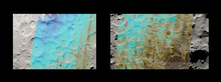 SOFIA data, which include a distinct "infrared signature" of water, are shown here overlaid on a representation of the Moon as it looked at the time of the February 2022 observations. Darker blue indicates a higher concentration of water.  Left: In the upper left of the region under study, a "wet ridge" is visible in dark blue, where water is particularly concentrated on the shaded side of a steep slope of Crater Curtius and an adjacent crater. On the left center of the image is Moretus crater. There, too, the inner wall of the upper half of the crater is distinctly dark blue, indicating a greater presence of water on this shaded surface. Although the right side of the region is drier overall, water can still be seen tracing the inner sides of the craters in light blue. Right: A large crater, Schomberg Crater, can be seen on the upper right, showing distinct blue stripes where larger amounts of water are present on its shaded interior wall.