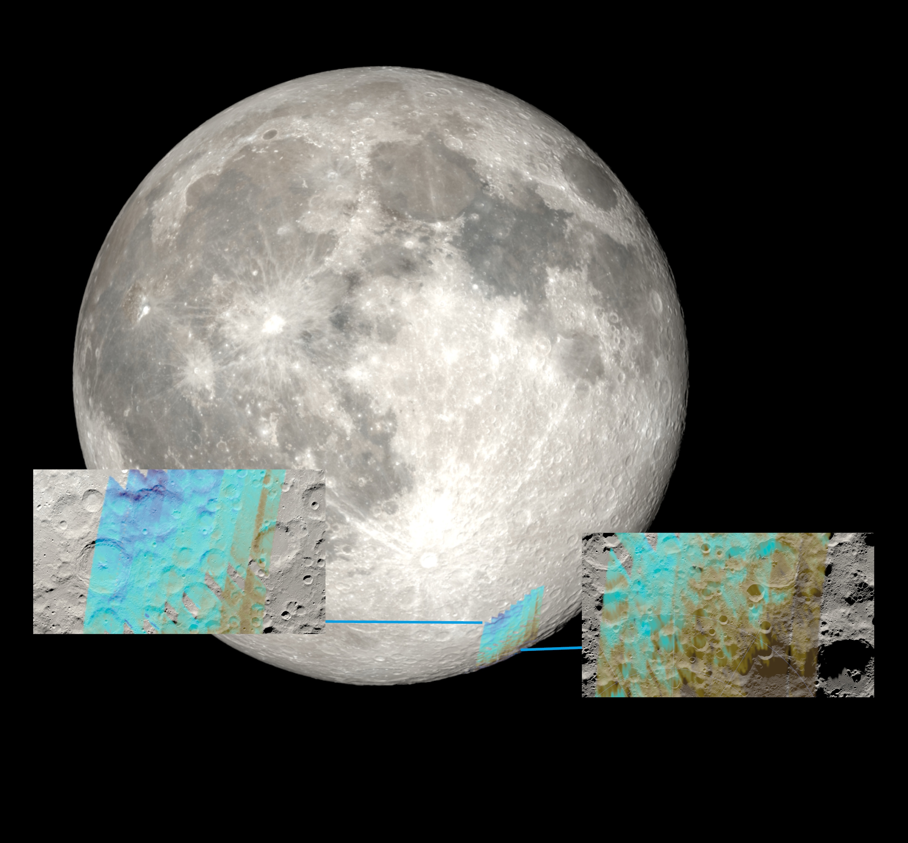 Eine Visualisierung des Mondes mit der Region, in der SOFIA Wasser beobachtet hat (in blau). 