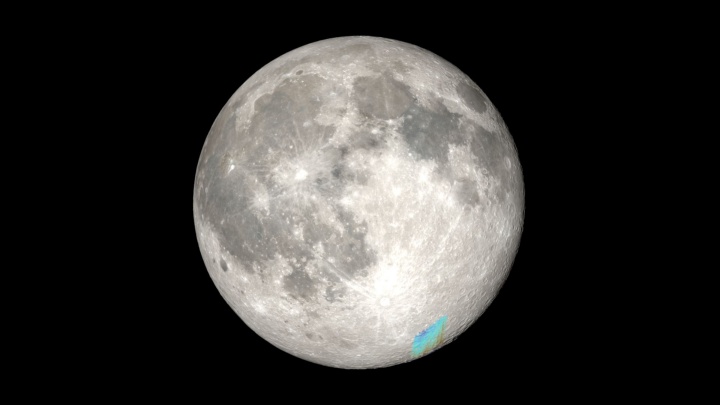 A visualization of the Moon with the region where water was observed by SOFIA (in blue). 