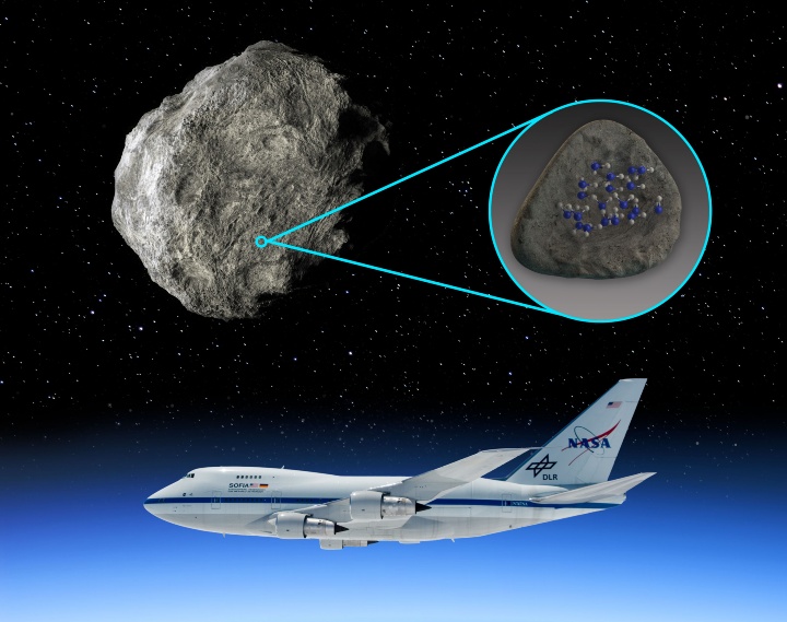 Unter Verwendung von SOFIA – Daten hat ein Team des Southwest Research Institute erstmals Wassermoleküle auf der Oberfläche eines Asteroiden entdeckt. Die Forschenden untersuchten vier Asteroiden, auf zwei von ihnen fanden sie Spektralsignaturen im mittleren Infrarotbereich, die eindeutig auf molekulares Wasser hinweisen.